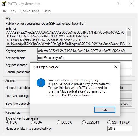 Импорт приватного ключа ssh в PuTTy Key Generator